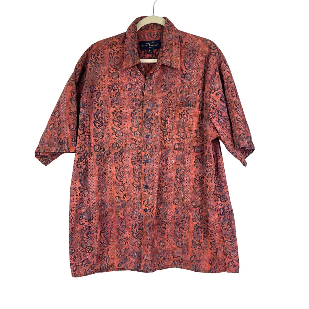 Pete Huntington Batik Shirt Mens XL Short Sleeve Cotton Rust Orange Handcrafted